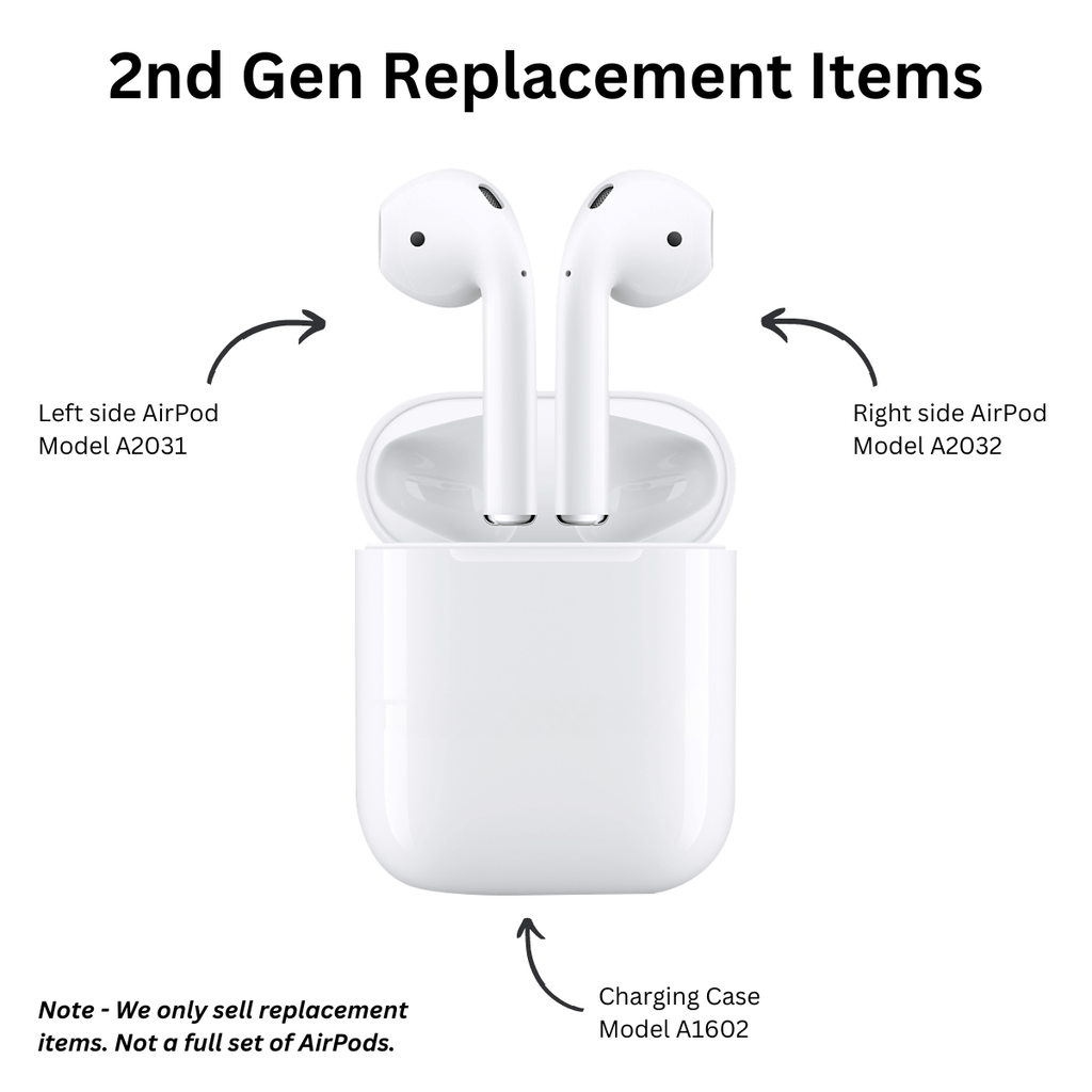 Replacement AirPods with charging case on a white background, labeled '2nd Gen Replacement Items'.