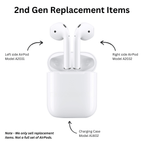 Replacement AirPods with charging case on a white background, labeled '2nd Gen Replacement Items'.