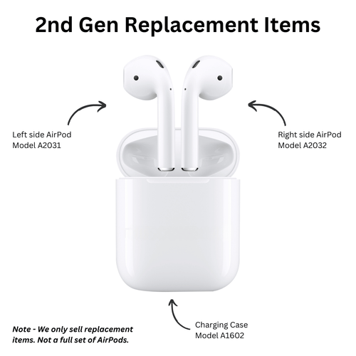 Replacement AirPods with charging case on a white background, labeled '2nd Gen Replacement Items'.