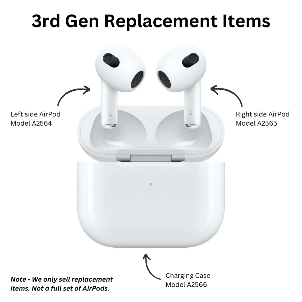 Replacement AirPods and charging case with model numbers on a white background