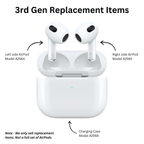 Replacement AirPods and charging case with model numbers on a white background
