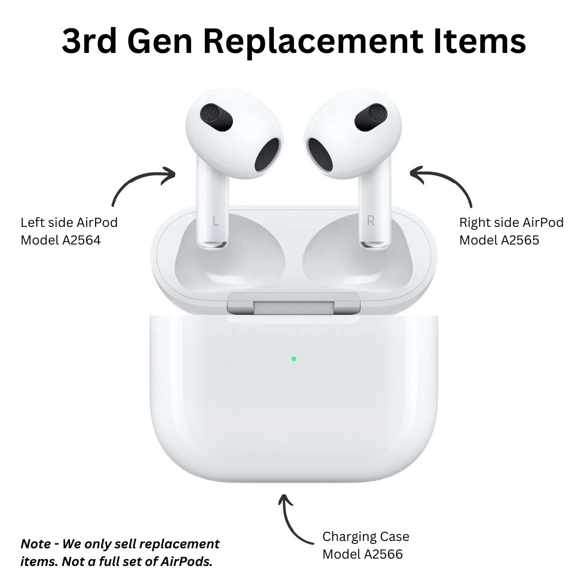 Replacement AirPods and charging case with model numbers on a white background